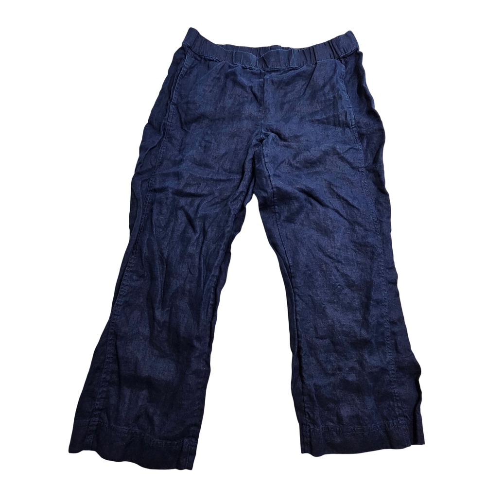 Pure Jill Linen Pants Women Large Tall Navy Blue Elastic Waist Relaxed Straight